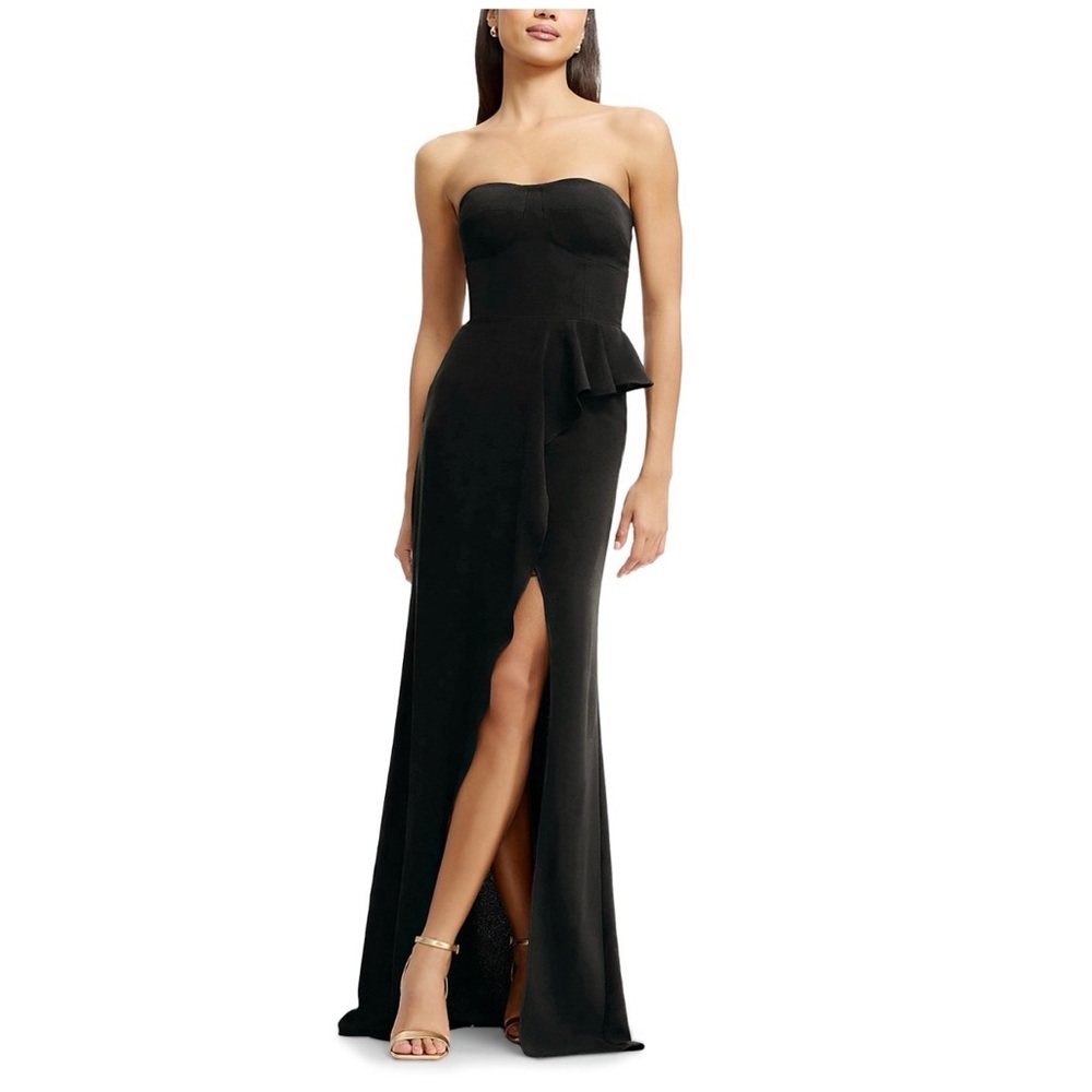 Dress the Population Strapless Black Peplum Gown with High Slit